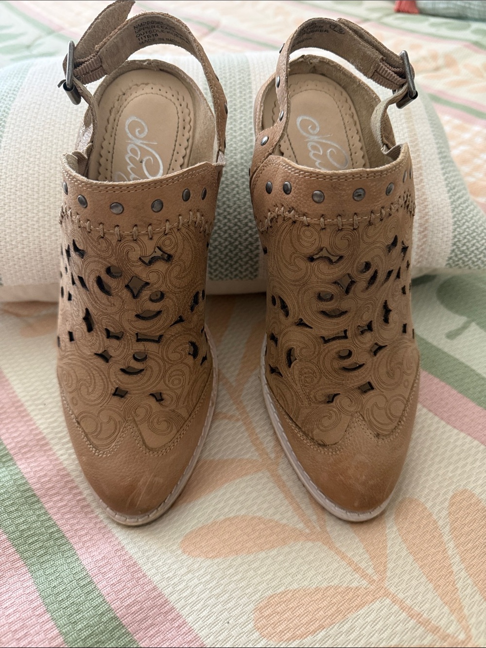 Naughty Monkey Tan Laser-Cut Slingback Mules